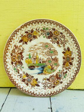 Vintage Cottagecore Floral Plate Brown Transferware Style English Countryside
